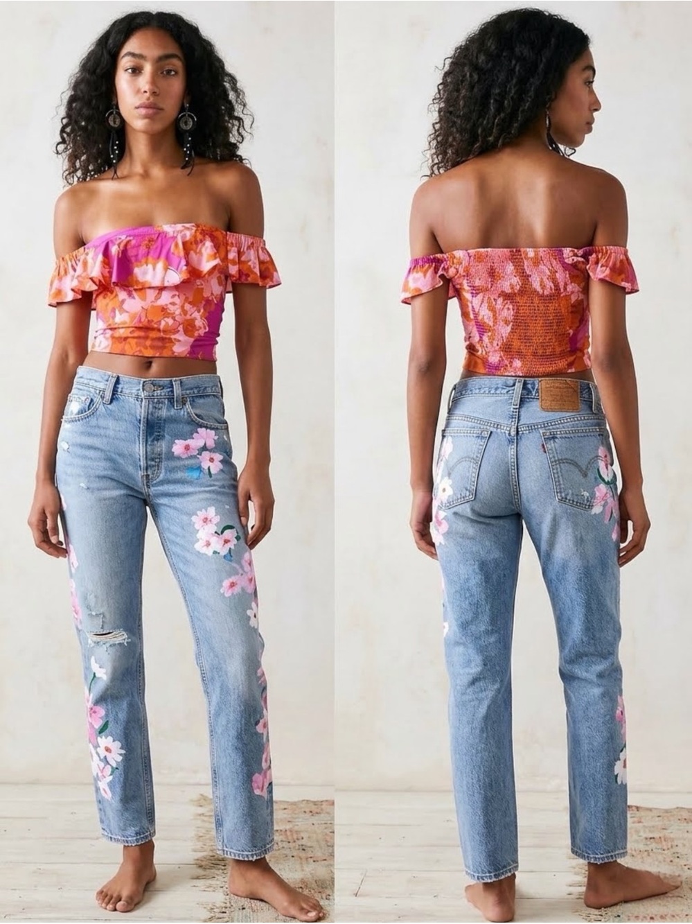 Free People Mimi Off The Shoulder Ruffle Crop Top Pink Orange Floral M NWOT